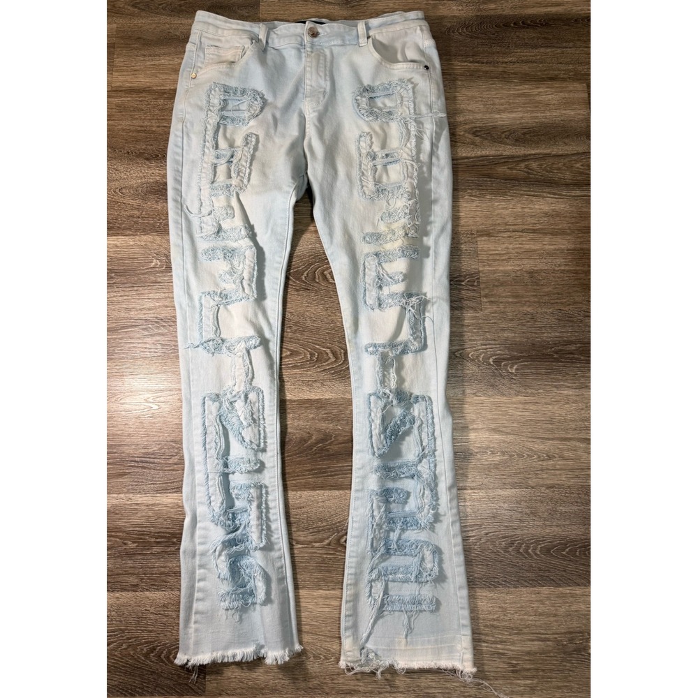 Pheelings Light Wash Distressed Lettering Flare Jeans Blue Size 38 Streetwear